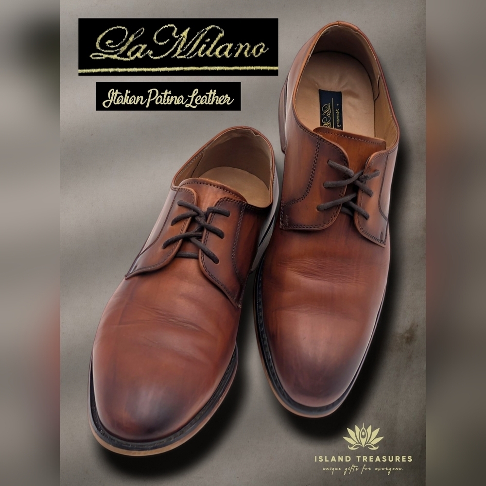 La Milano Raymond Men Laceup Dress Shoes Patina Collection Sz 10M Cognac Leather